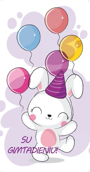 Vaikiškas gimtadienio atvirukas su animaciniu zuikučiu, spalvotais balionais ir užrašu „Su gimtadieniu"