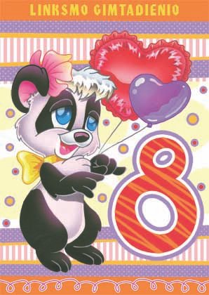 Aštuntojo gimtadienio atvirukas su animacine panda, širdies formos balionais ir užrašu „Linksmo Gimtadienio" bei skaičiumi 8
