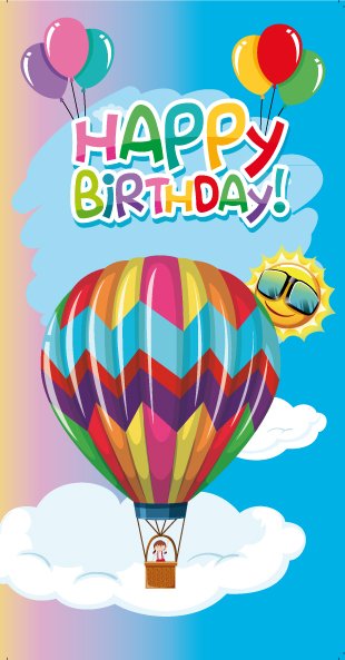 Gimtadienio atvirukas su spalvingu oro balionu, debesimis ir užrašu „Happy Birthday"