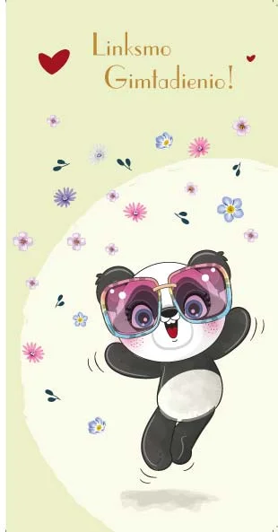 Gimtadienio atvirukas su animacine panda dideliais rožiniais akiniais, gėlėmis ir užrašu „Linksmo Gimtadienio"