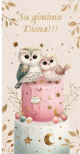 Gimtadienio atvirukas su dviem elegantiškomis pelėdomis ant puošnaus torto su auksinėmis žvaigždutėmis ir užrašu „Su gimimo Diena"
