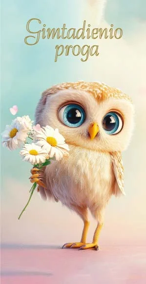 Gimtadienio atvirukas su animaciniu pelėdžiuku didelėmis mėlynomis akimis, laikančiu ramunėlių puokštę ir užrašu „Gimtadienio proga"