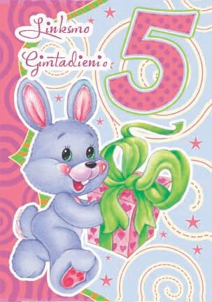 Penktojo gimtadienio atvirukas su mėlynu animaciniu zuikučiu, rožine dovana ir užrašu „Linksmo Gimtadienio" bei skaičiumi 5