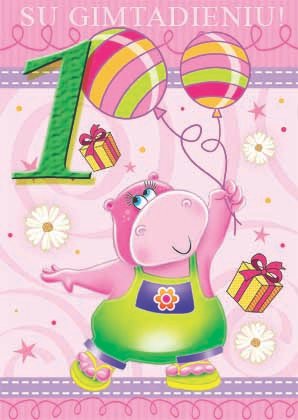Pirmojo gimtadienio atvirukas su rožiniu animaciniu begemotuku, balionais, dovanomis ir užrašu „Su gimtadieniu" bei skaičiumi 1