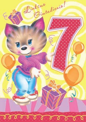 Septintojo gimtadienio atvirukas su šokančiu animaciniu katinuku, balionais, dovanomis ir užrašu „Linksmo Gimtadienio" bei skaičiumi 7