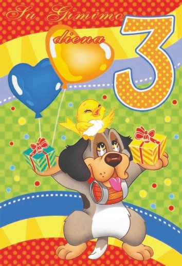 Trečiojo gimtadienio atvirukas su animaciniu šuniuku, viščiuku, dovanomis, balionais ir užrašu „Su Gimimo diena" bei skaičiumi 3