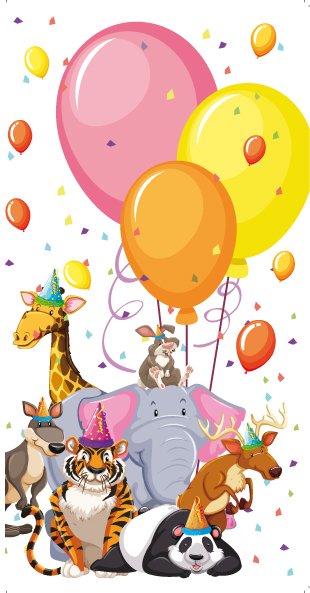 Vaikiškas gimtadienio atvirukas su animaciniais laukiniais gyvūnais šventinėmis kepuraitėmis ir spalvotais balionais