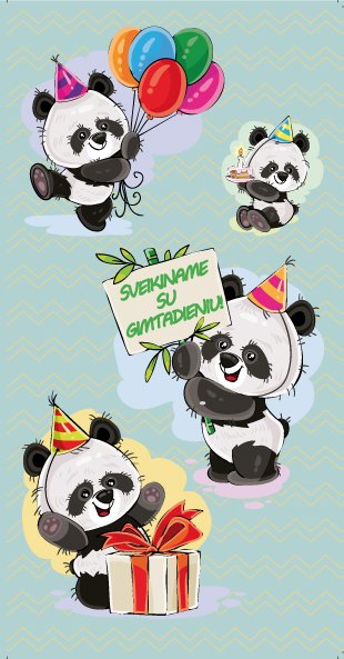 Vaikiškas gimtadienio atvirukas su animacinėmis pandomis šventinėmis kepuraitėmis, balionais, tortu ir dovana bei užrašu „Sveikiname su gimtadieniu"